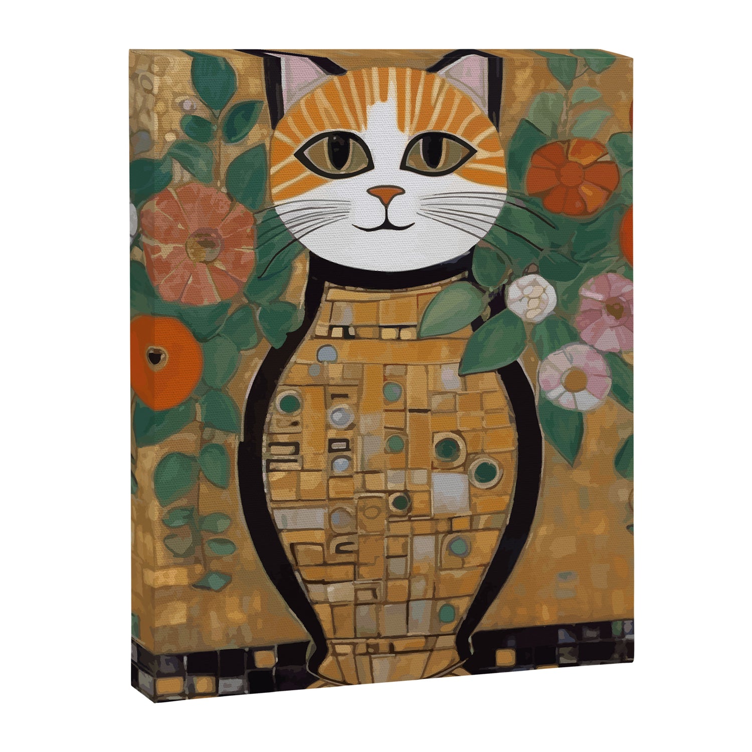 Klimt Cat with Colorful Flowers in a Geometric Vase Canvas Print Gallery Image 3