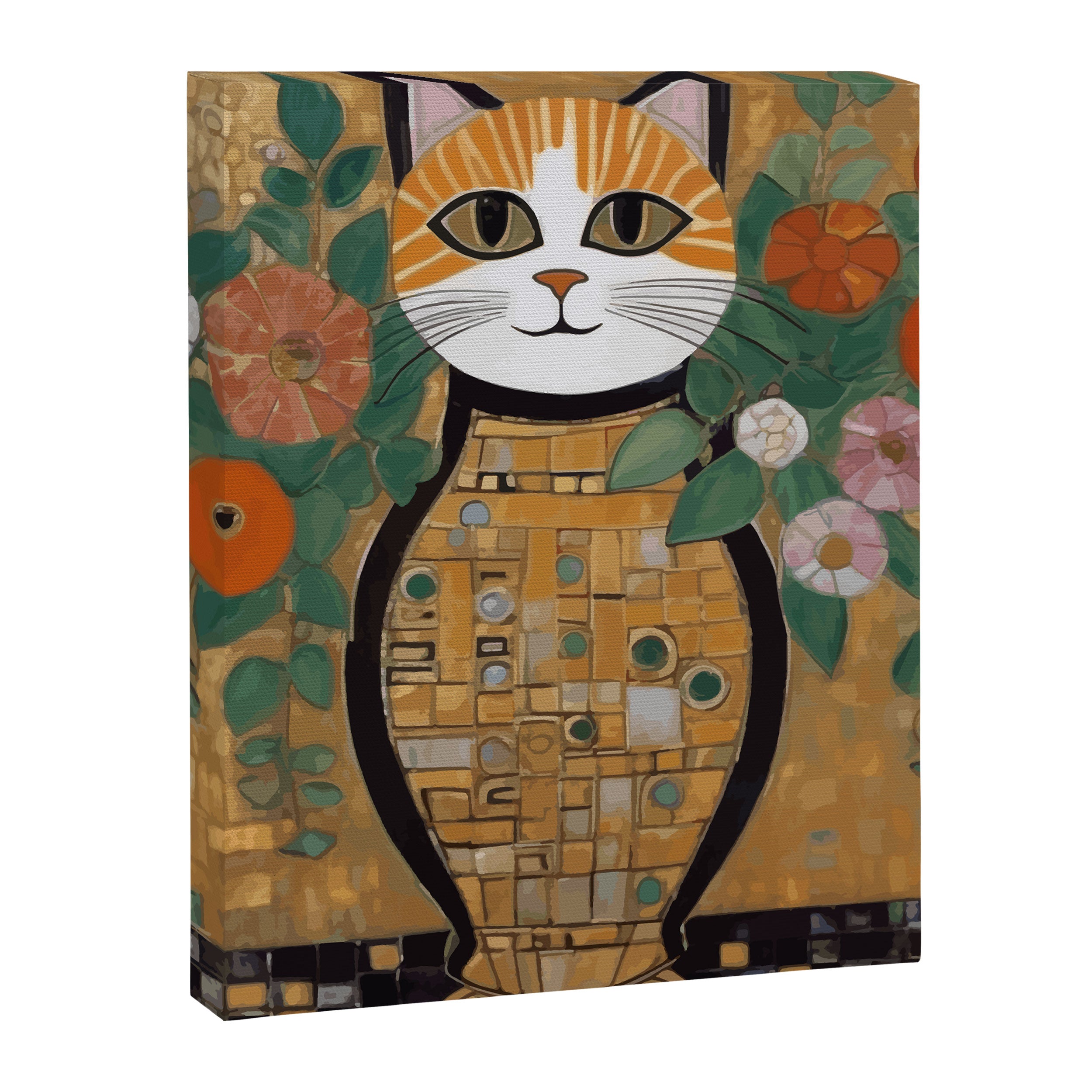 Klimt Cat with Colorful Flowers in a Geometric Vase Canvas Print Gallery Image 3