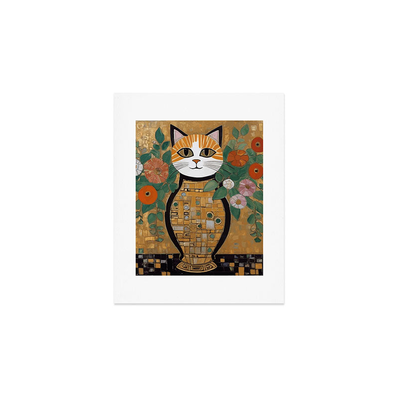 Klimt Cat with Colorful Flowers in a Geometric Vase Art Print Gallery Image 1