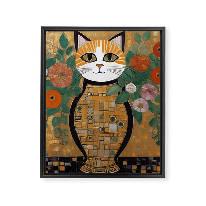 Klimt Cat with Colorful Flowers in a Geometric Vase Framed Canvas Print Gallery Image 1