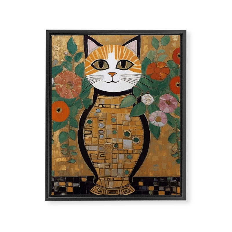 Klimt Cat with Colorful Flowers in a Geometric Vase Framed Canvas Print Gallery Image 3