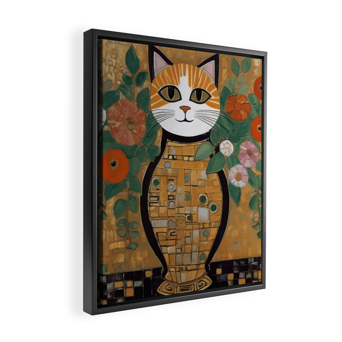 Klimt Cat with Colorful Flowers in a Geometric Vase Framed Canvas Print Gallery Image 2