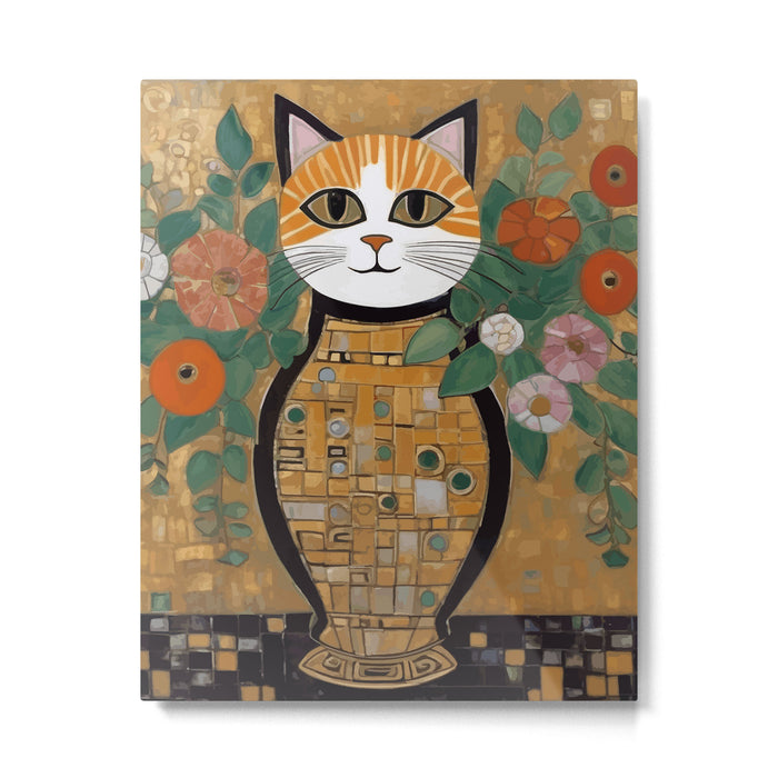 Klimt Cat with Colorful Flowers in a Geometric Vase Metal Print Gallery Image 1