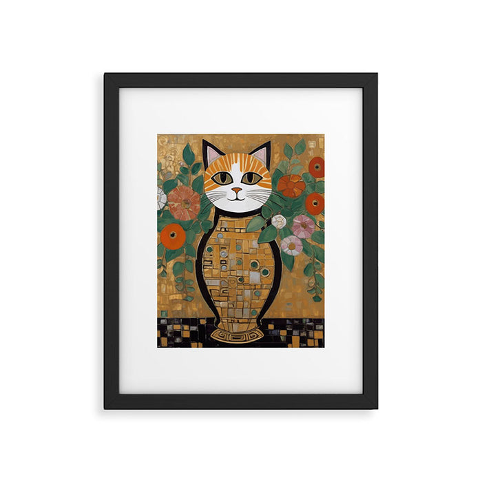 Klimt Cat with Colorful Flowers in a Geometric Vase Framed Art Print Gallery Image 1