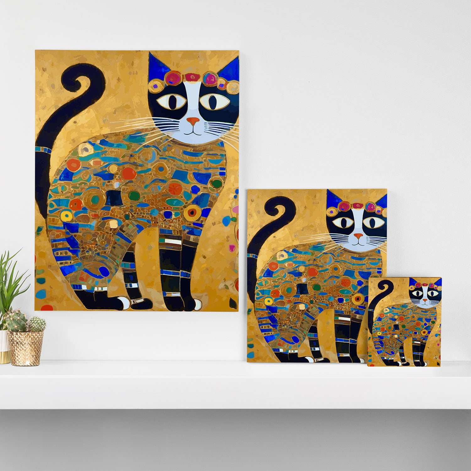 Klimt Cat with Colorful Red and Blue Flowers Canvas Print Gallery Image 3