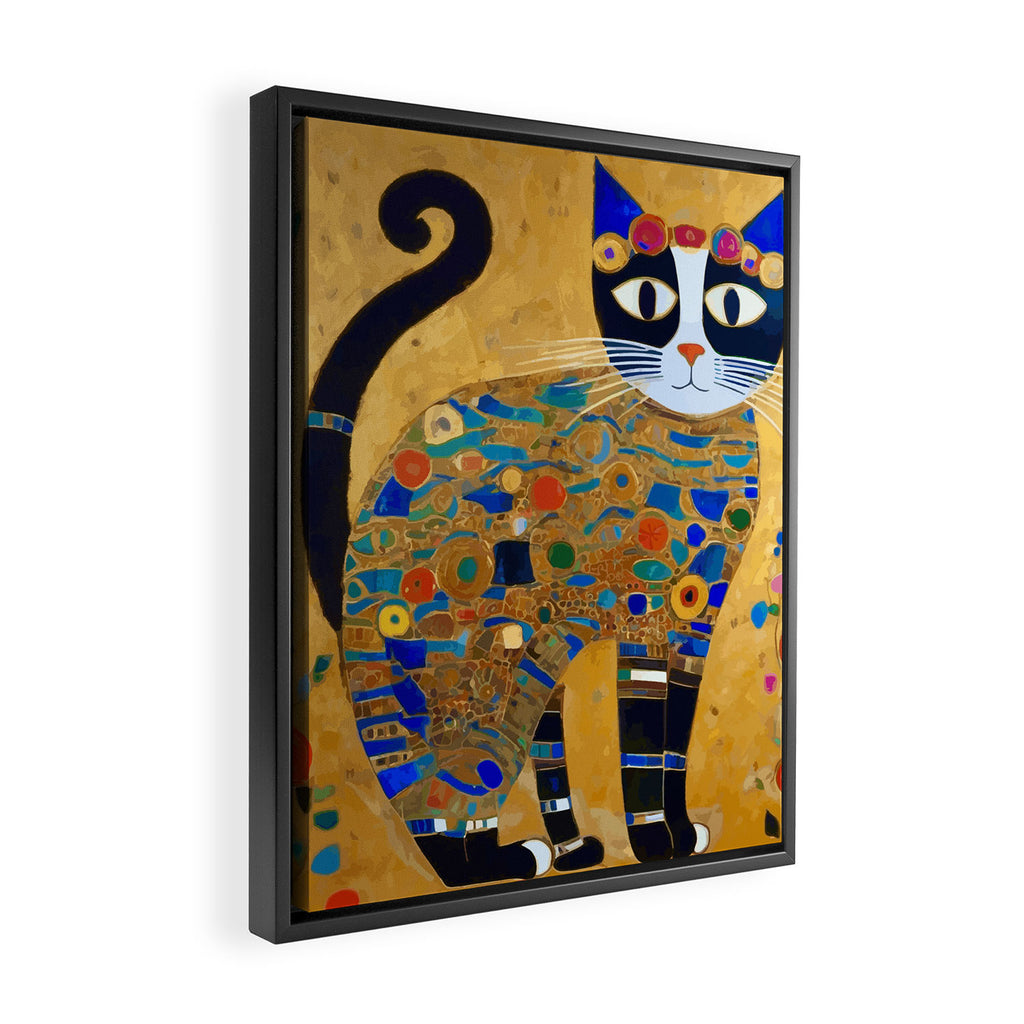 Klimt Cat with Colorful Red and Blue Flowers Framed Canvas Print Gallery Image 2