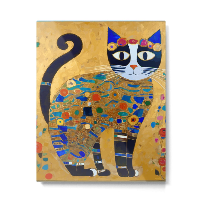 Klimt Cat with Colorful Red and Blue Flowers Metal Print Gallery Image 1