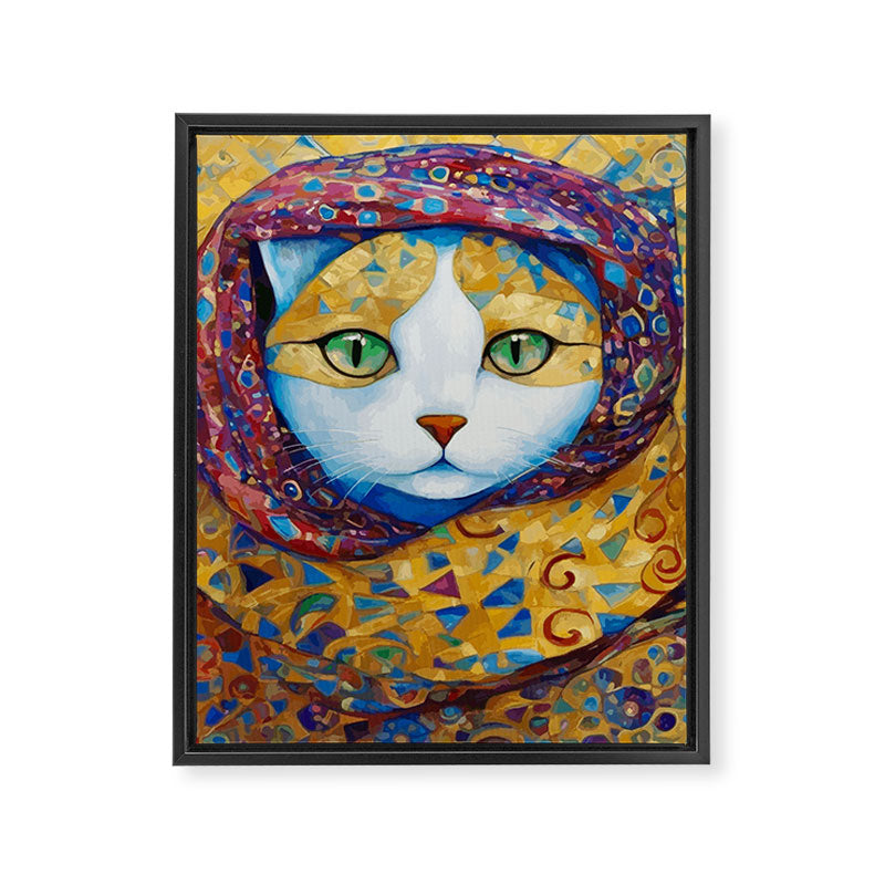 Klimt Cat with Green Eyes and a Colorful Scarf Framed Canvas Print Gallery Image 3