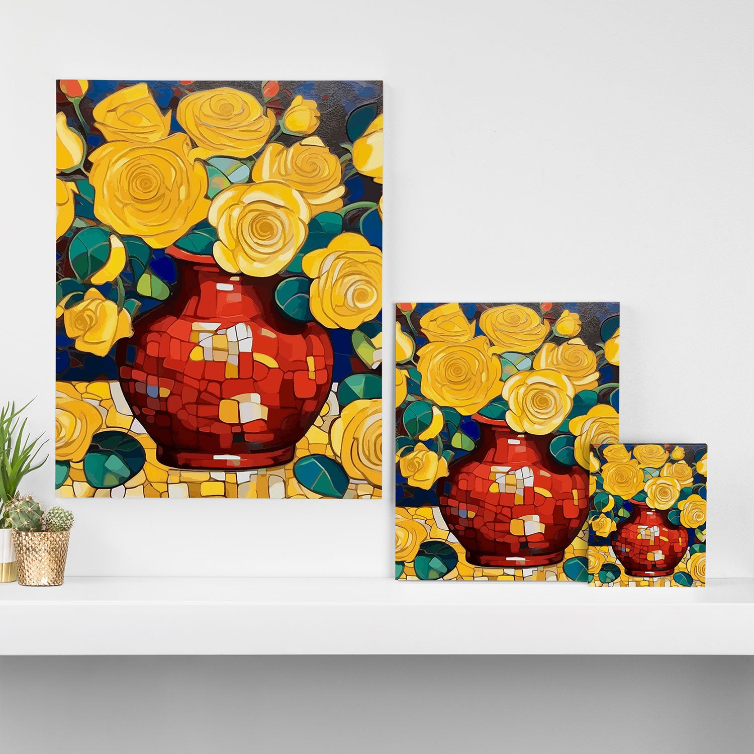 Klimt Style Yellow Roses in Red Vase Canvas Print Gallery Image 3