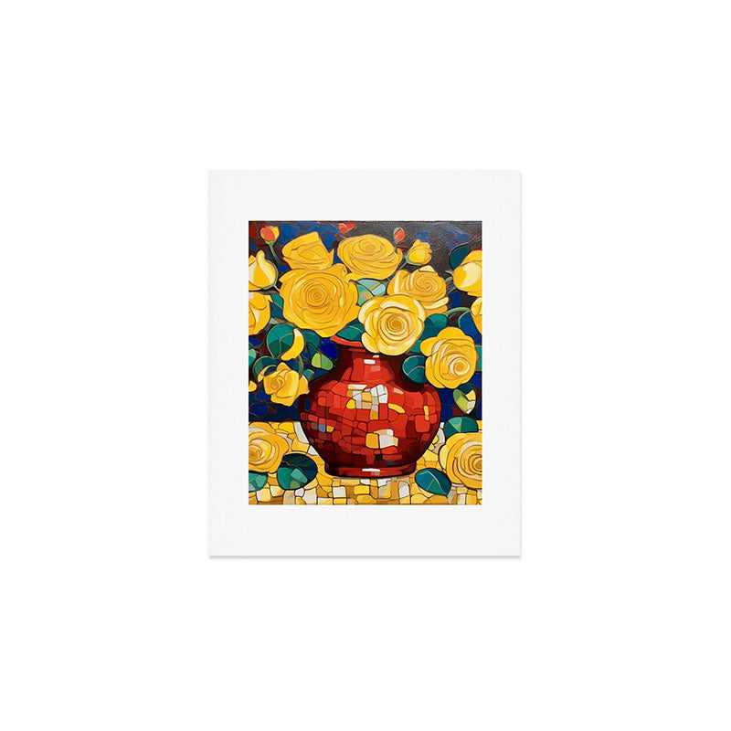 Klimt Style Yellow Roses in Red Vase Art Print Gallery Image 1