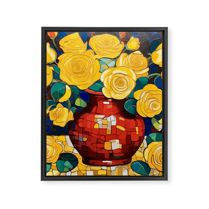 Klimt Style Yellow Roses in Red Vase Framed Canvas Print Gallery Image 1