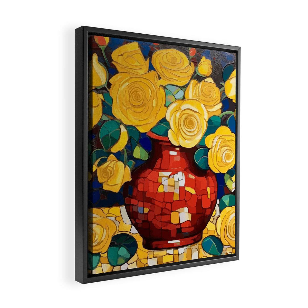 Klimt Style Yellow Roses in Red Vase Framed Canvas Print Gallery Image 2