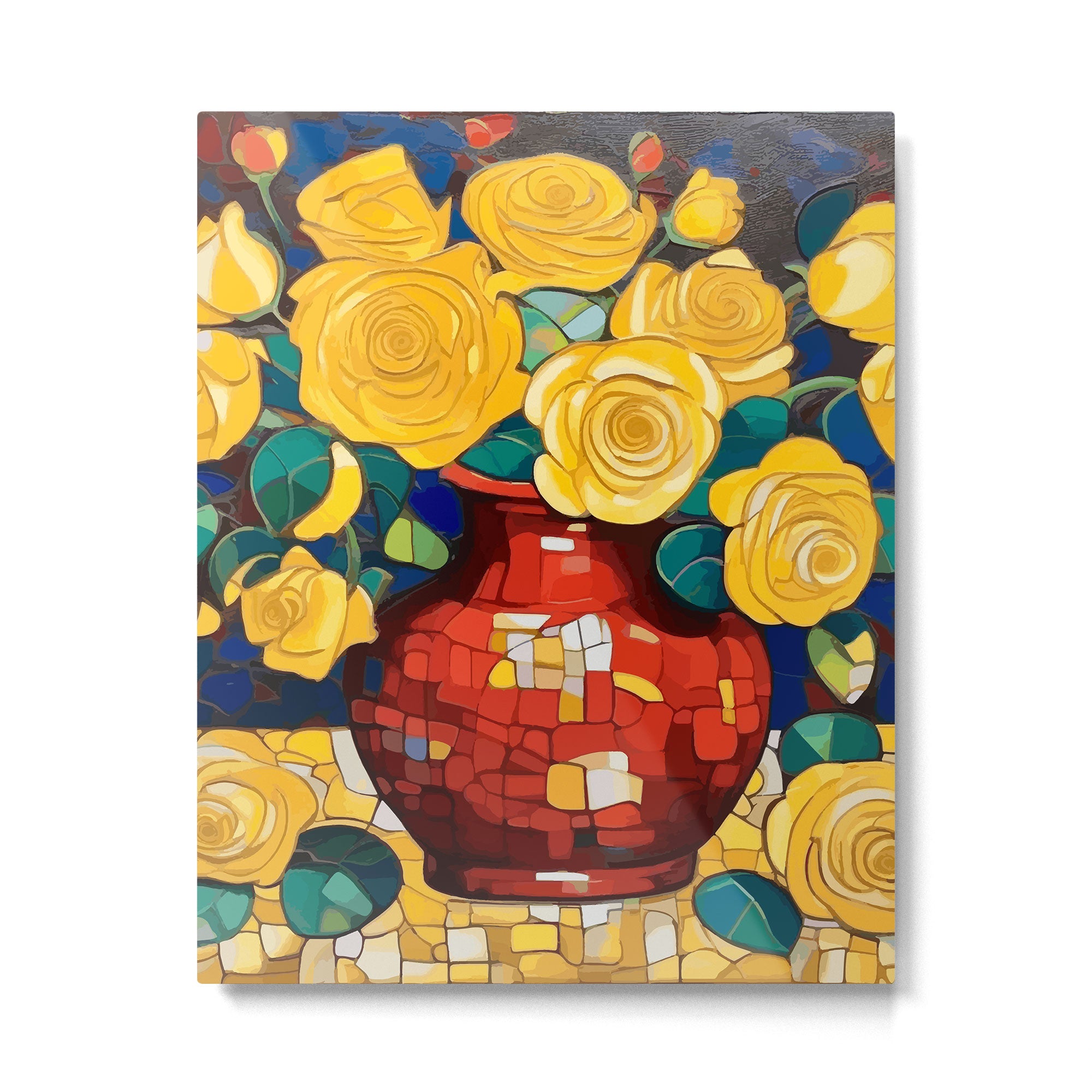 Klimt Style Yellow Roses in Red Vase Metal Print Gallery Image 6
