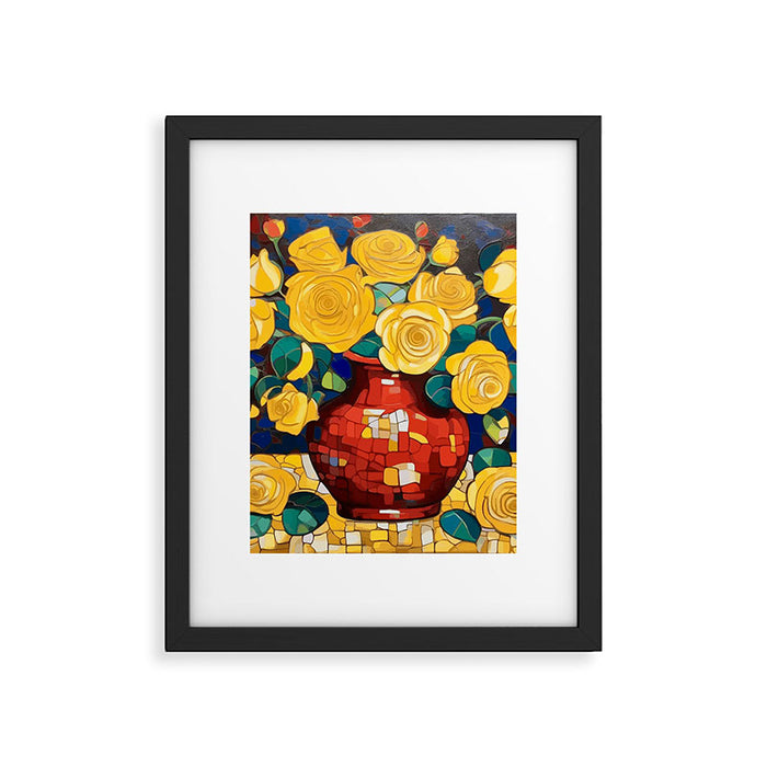 Klimt Style Yellow Roses in Red Vase Framed Art Print Gallery Image 1