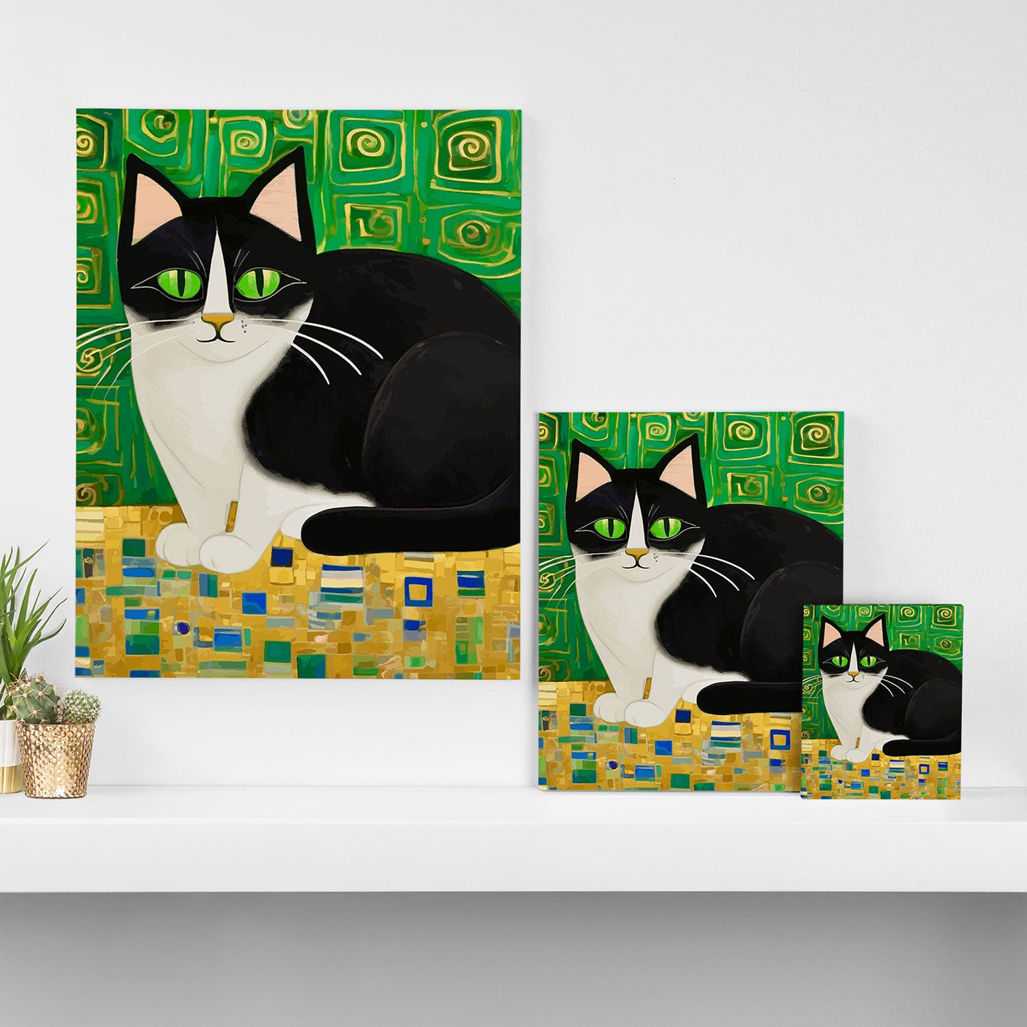 Klimt Tuxedo Cat with Green Eyes Canvas Print Gallery Image 3