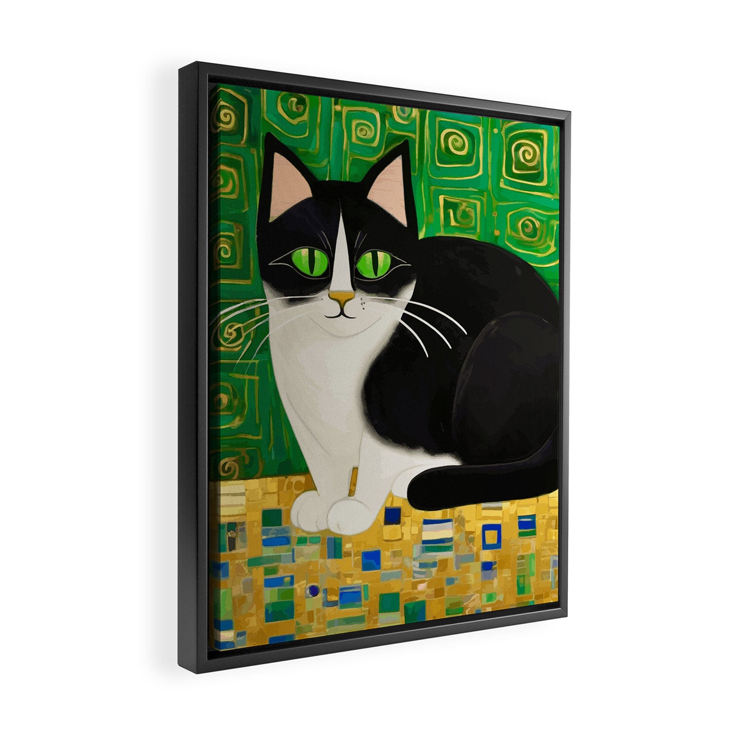 Klimt Tuxedo Cat with Green Eyes Framed Canvas Print Gallery Image 2