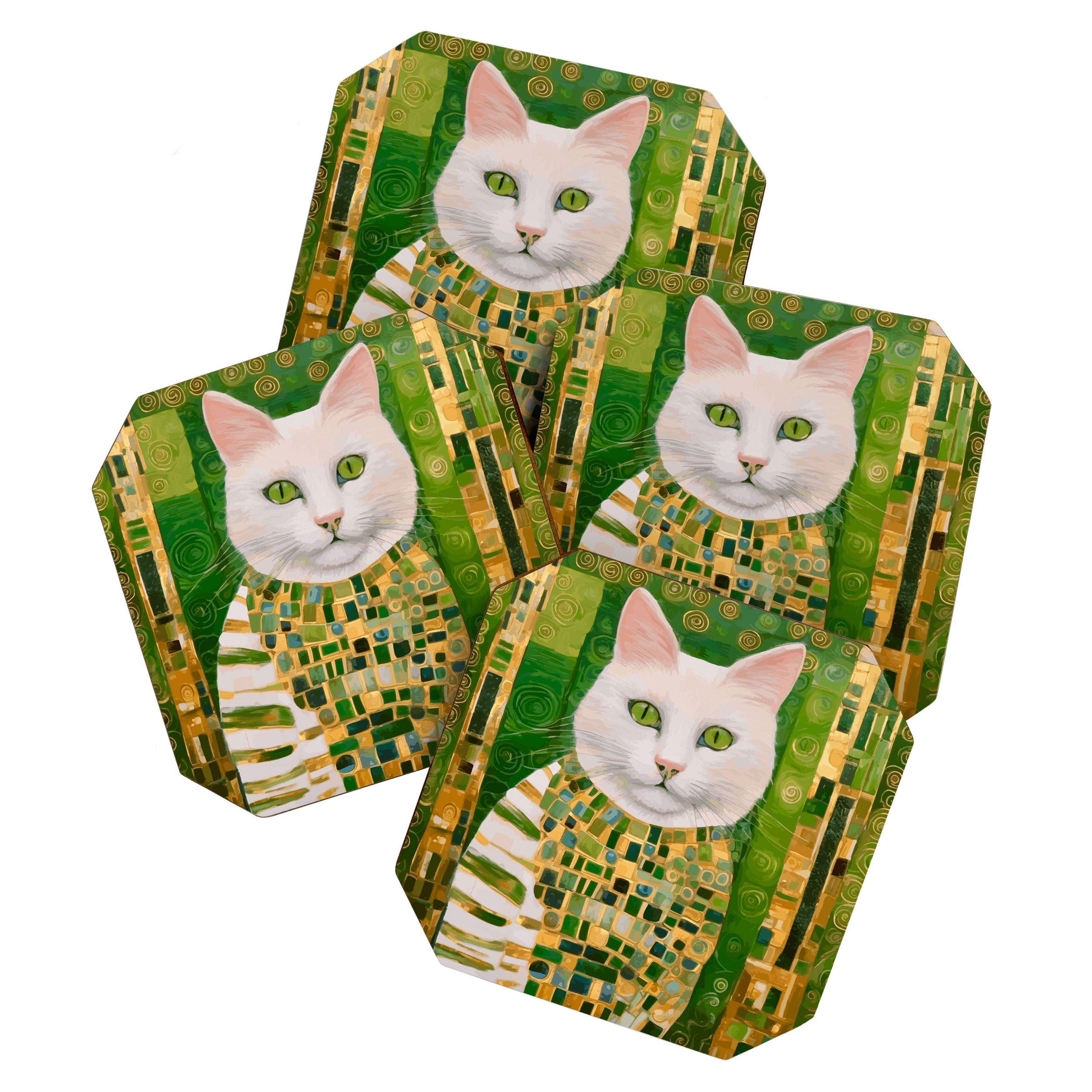 Klimt White Cat with Green Eyes Coaster Gallery Image 1