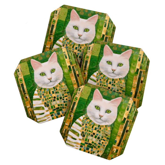 Klimt White Cat with Green Eyes Coaster Gallery Image 1