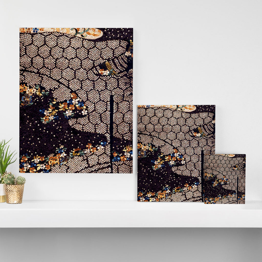 Kosode Fragment with Tortoiseshell Pattern, Waves, & Cherry Blossoms Shibori Print Canvas Print Gallery Image 3