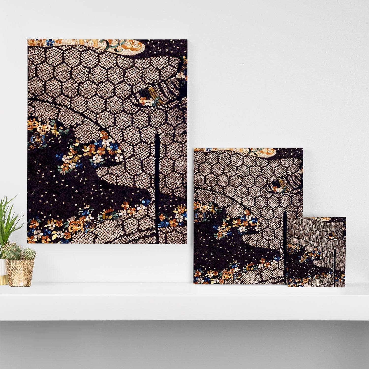 Kosode Fragment with Tortoiseshell Pattern, Waves, & Cherry Blossoms Shibori Print Canvas Print Gallery Image 3