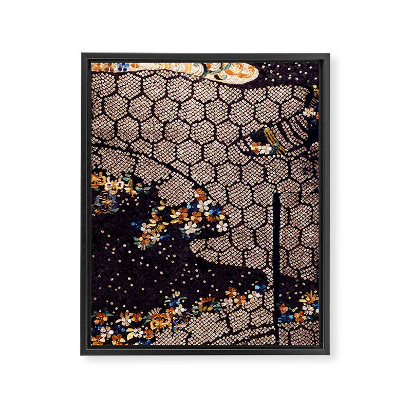 Kosode Fragment with Tortoiseshell Pattern, Waves, & Cherry Blossoms Shibori Print Framed Canvas Print Gallery Image 3