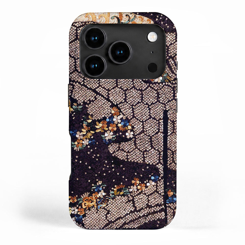 Kosode Fragment with Tortoiseshell Pattern, Waves, & Cherry Blossoms Shibori Print iPhone Case Gallery Image 1