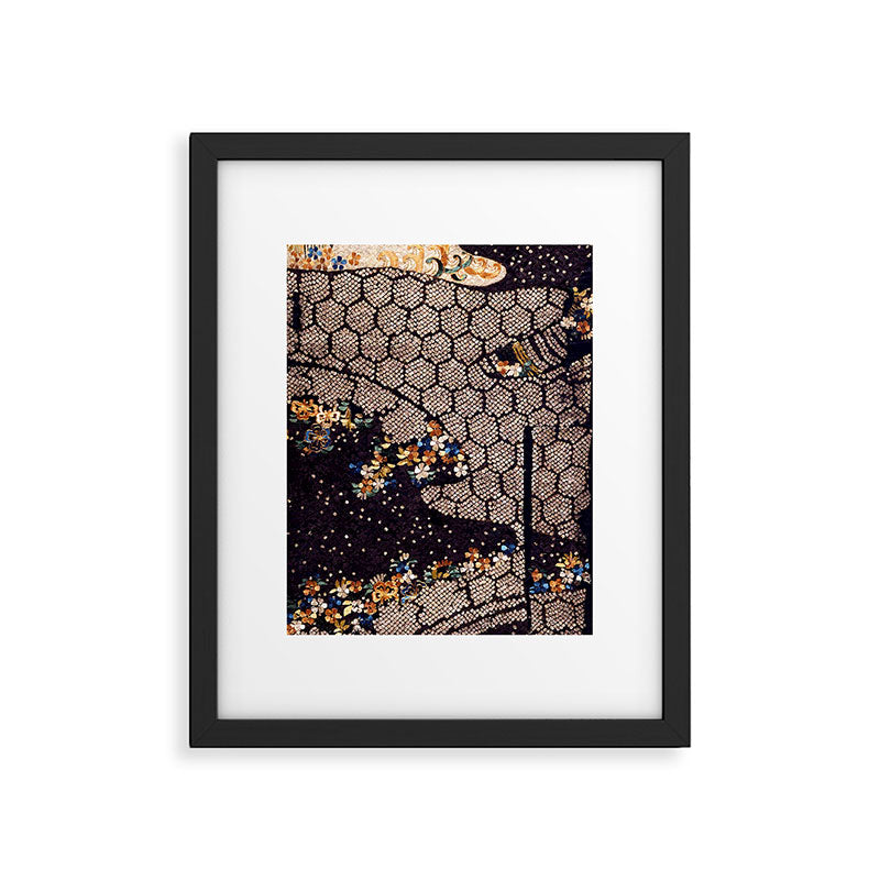 Kosode Fragment with Tortoiseshell Pattern, Waves, & Cherry Blossoms Shibori Print Framed Art Print Gallery Image 4