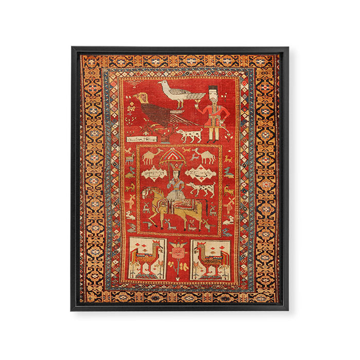Kuba Hunting Rug With Birds Horses Camels Print Framed Canvas Print Gallery Image 1