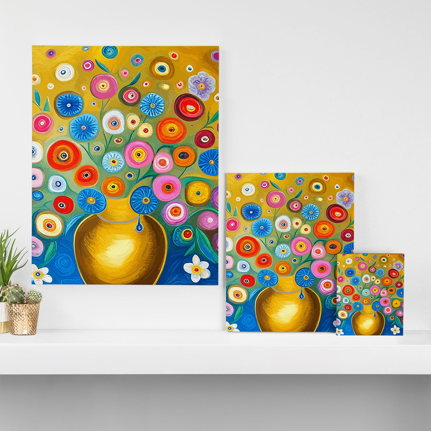 Many Abstract Flowers in a Gold Vase Canvas Print Gallery Image 3