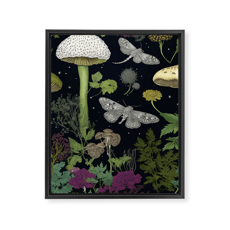 Mystery Night Garden with Moths Mushrooms and Hemlock Framed Canvas Print Gallery Image 3