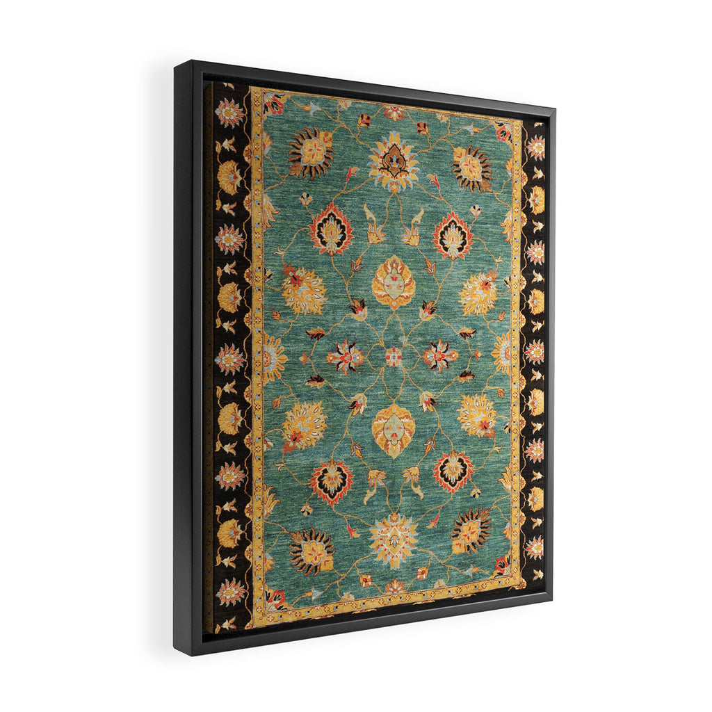 Oushak  Antique Gold Teal Turkish Rug Print Framed Canvas Print Gallery Image 2