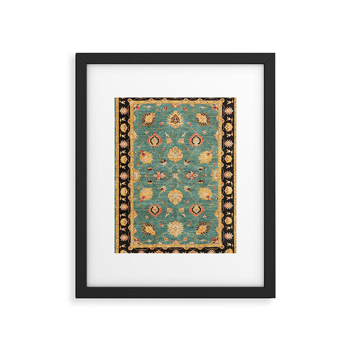 Oushak  Antique Gold Teal Turkish Rug Print Framed Art Print Gallery Image 1
