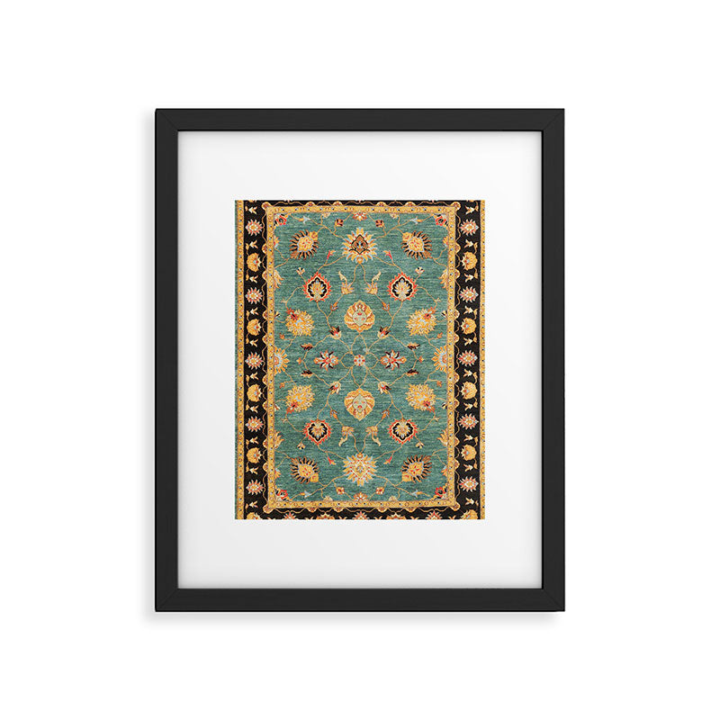 Oushak  Antique Gold Teal Turkish Rug Print Framed Art Print Gallery Image 4
