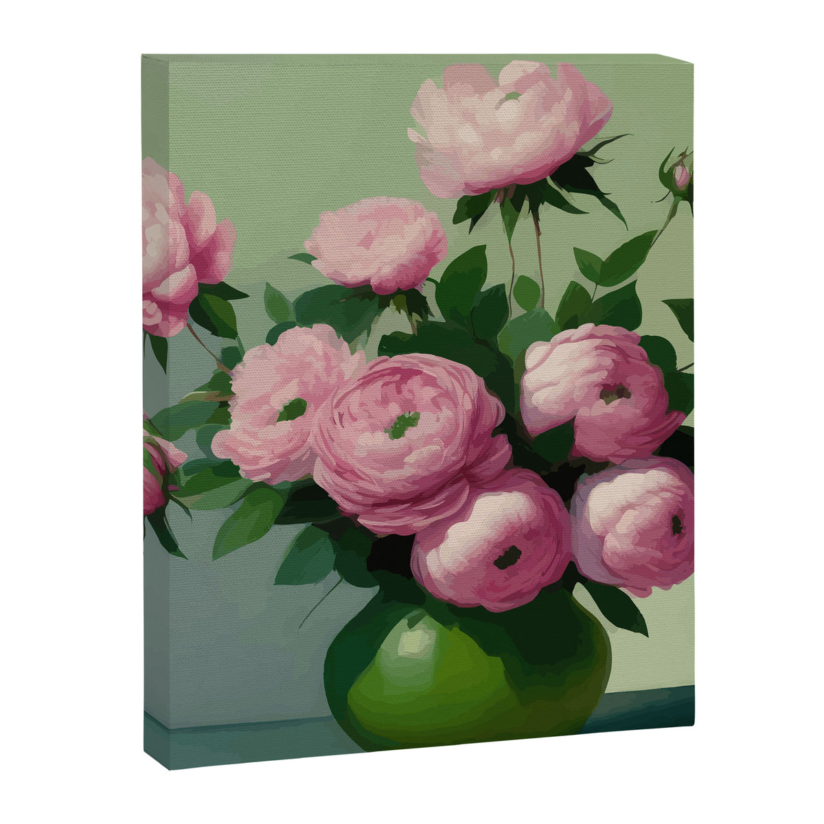 Pink Peonies and Roses in a Green Vase Canvas Print Gallery Image 8