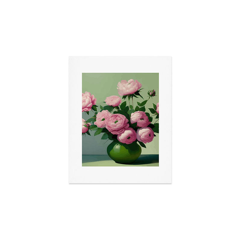 Pink Peonies and Roses in a Green Vase Art Print Gallery Image 1