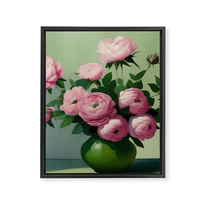 Pink Peonies and Roses in a Green Vase Framed Canvas Print Gallery Image 1
