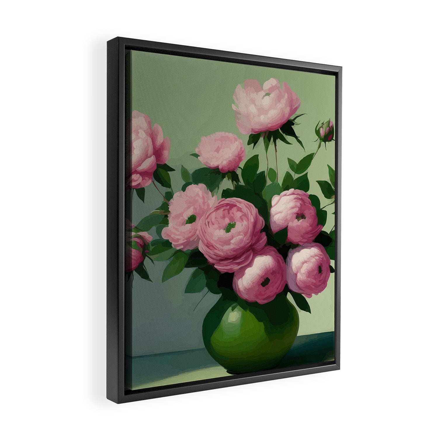 Pink Peonies and Roses in a Green Vase Framed Canvas Print Gallery Image 2