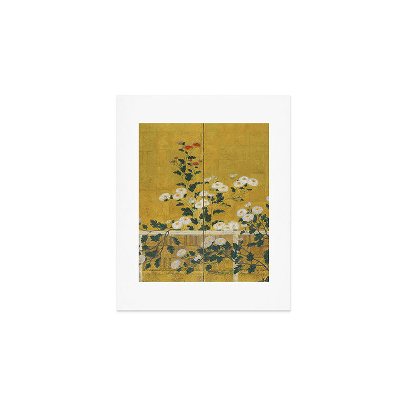 Red and White Chrysanthemums Vintage Japanese Gold Leaf Screen Art Print Gallery Image 1