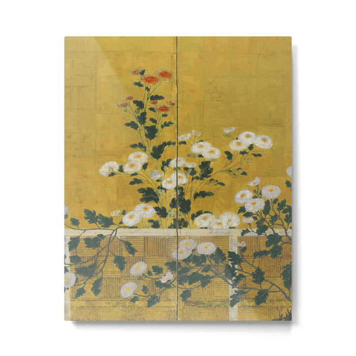 Red and White Chrysanthemums Vintage Japanese Gold Leaf Screen Metal Print Gallery Image 1