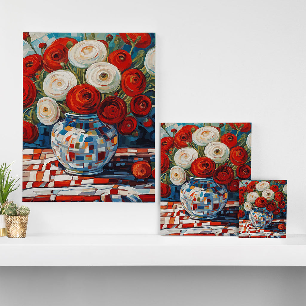 Red and White Ranunculus Flowers in Patterned Vase Still Life Painting Canvas Print Gallery Image 3