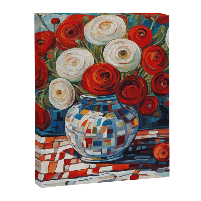 Red and White Ranunculus Flowers in Patterned Vase Still Life Painting Canvas Print Gallery Image 1