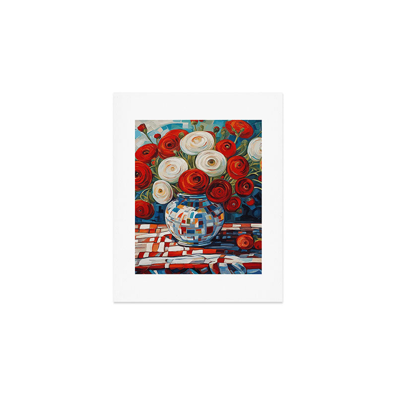 Red and White Ranunculus Flowers in Patterned Vase Still Life Painting Art Print Gallery Image 1