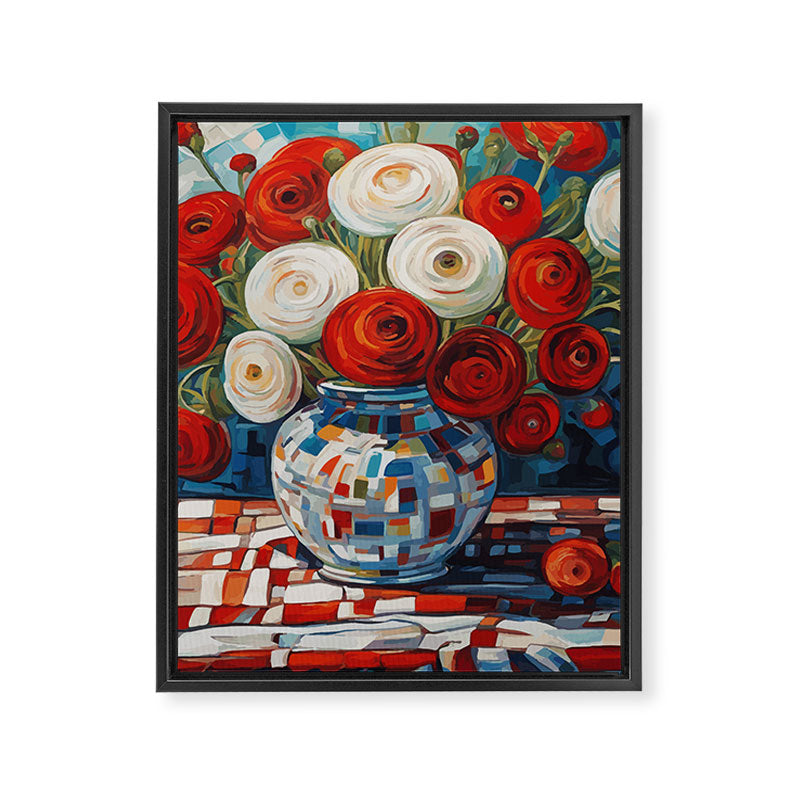 Red and White Ranunculus Flowers in Patterned Vase Still Life Painting Framed Canvas Print Gallery Image 3