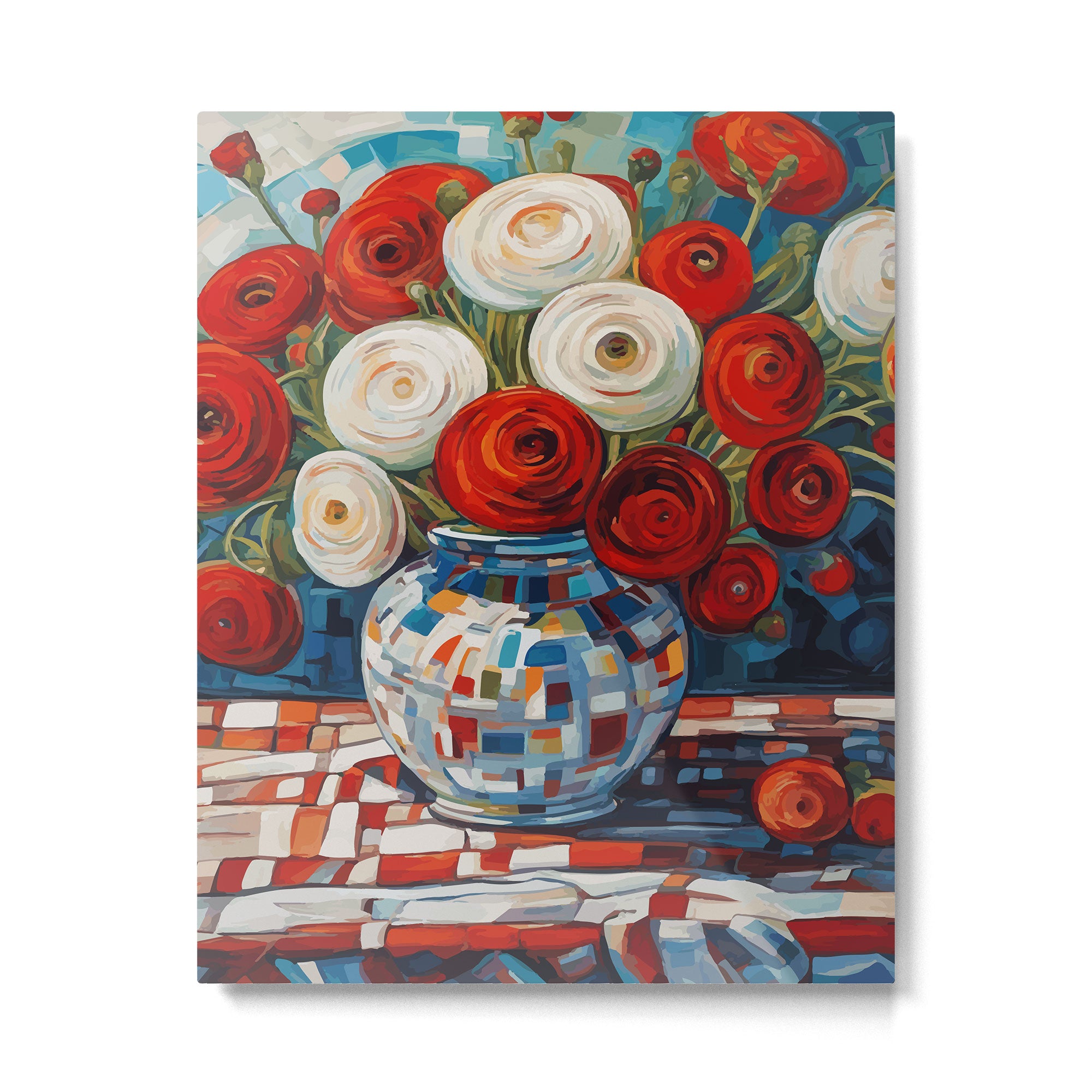 Red and White Ranunculus Flowers in Patterned Vase Still Life Painting Metal Print Gallery Image 6