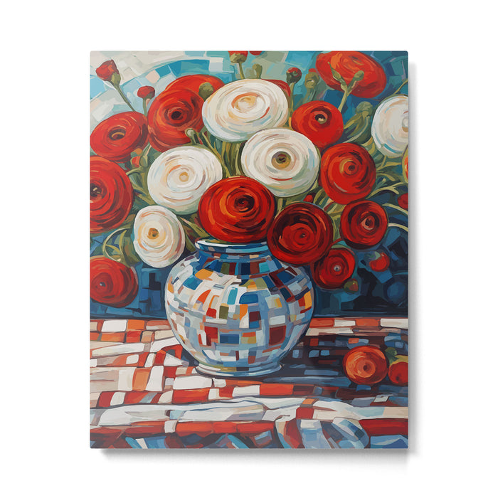 Red and White Ranunculus Flowers in Patterned Vase Still Life Painting Metal Print Gallery Image 1