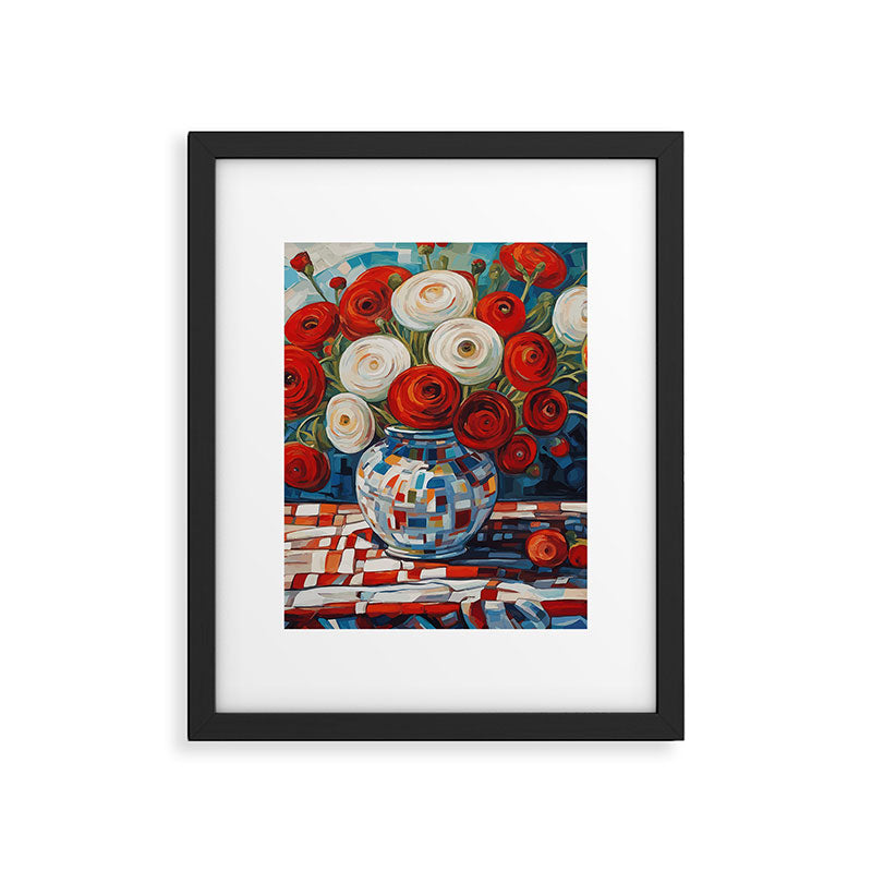 Red and White Ranunculus Flowers in Patterned Vase Still Life Painting Framed Art Print Gallery Image 6