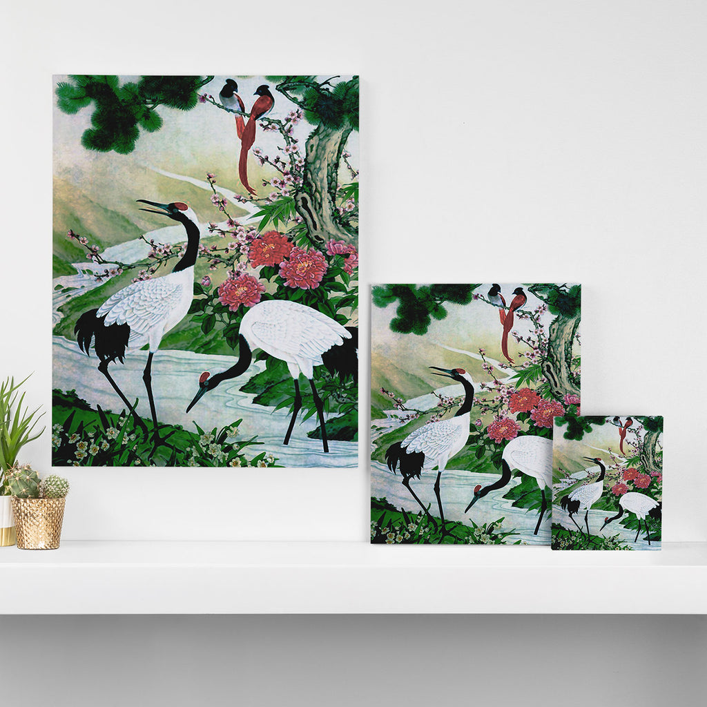 Red Crowned Cranes In Vintage Japanese Floral Landscape Canvas Print Gallery Image 3