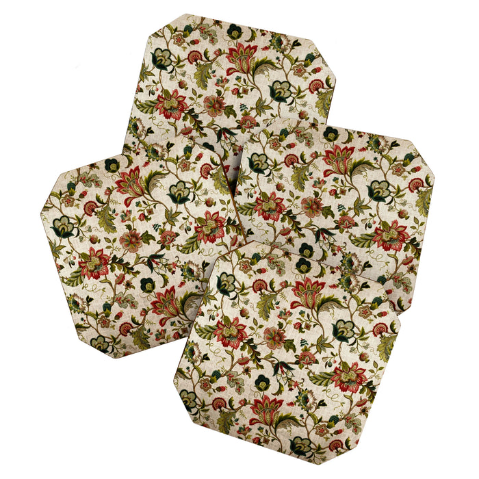 Red Green Jacobean Floral Embroidery Pattern Coaster Gallery Image 1