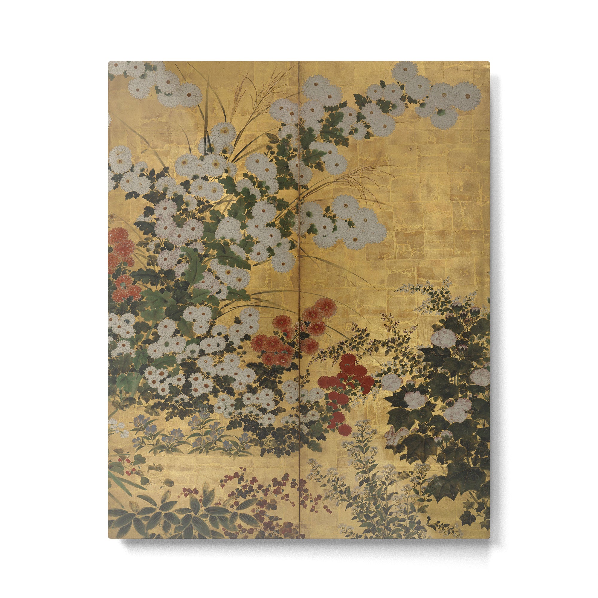 Red White Chrysanthemums Vintage Floral Japanese Gold Leaf Screen Metal Print Gallery Image 4
