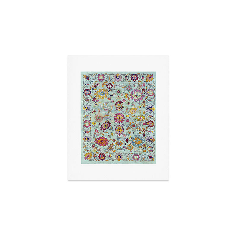 Turkish Oushak Blue Floral Rug Pattern Art Print Gallery Image 1